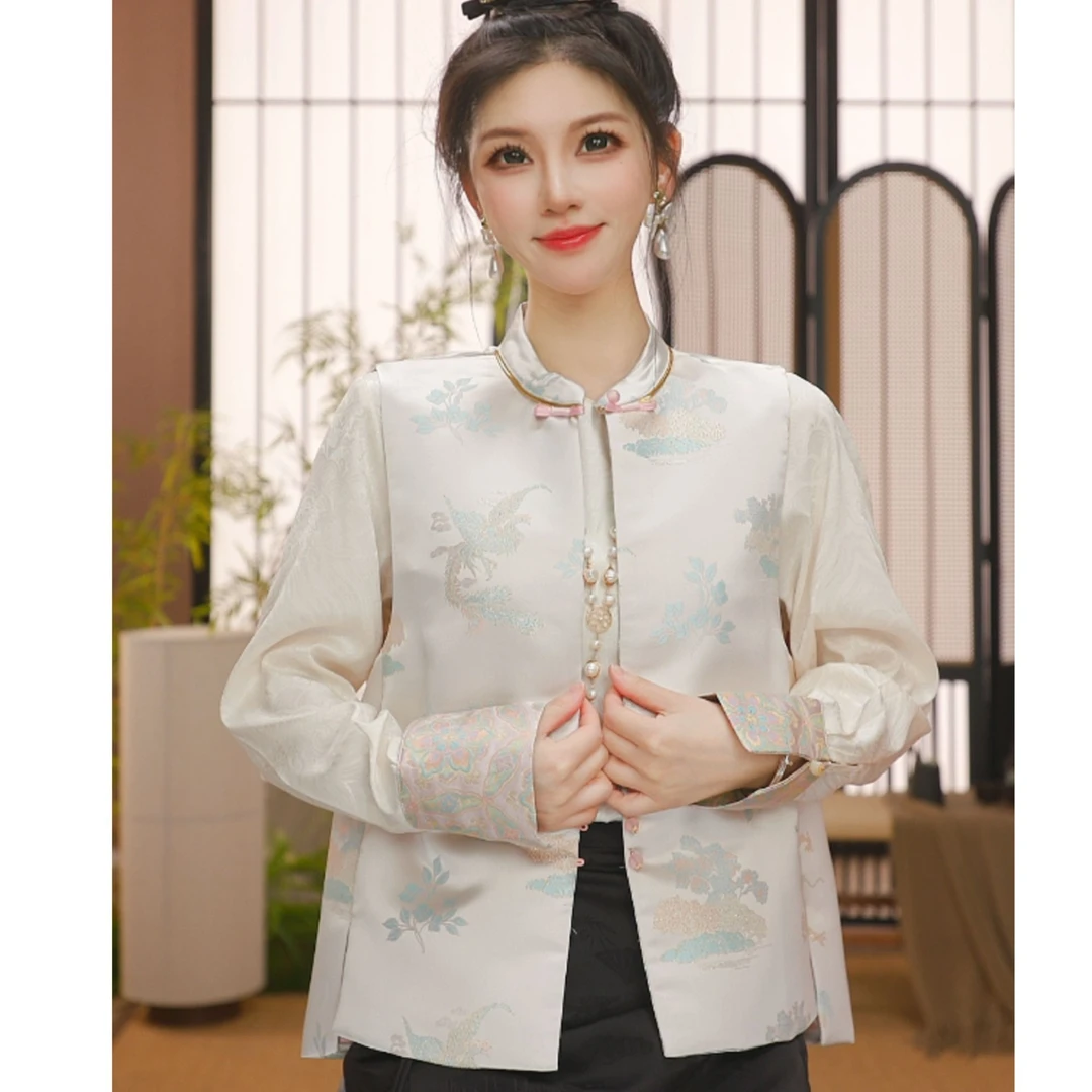 【灵犀】新中式2024秋上新白色碎花马甲女上衣FB0909S5