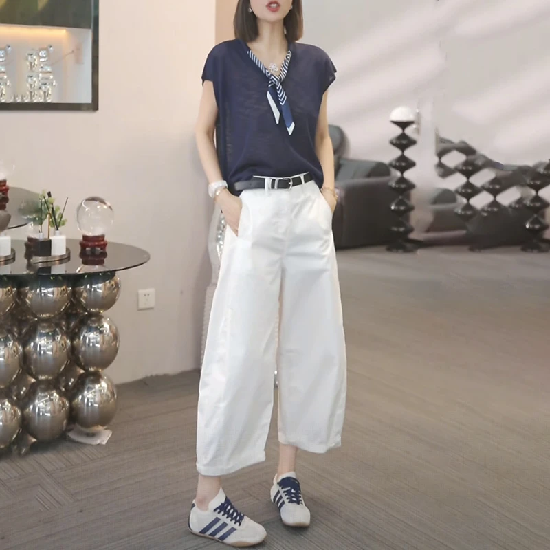 网红流行一整套穿搭女生2025夏季新款V领通勤上衣高腰休闲裤套装