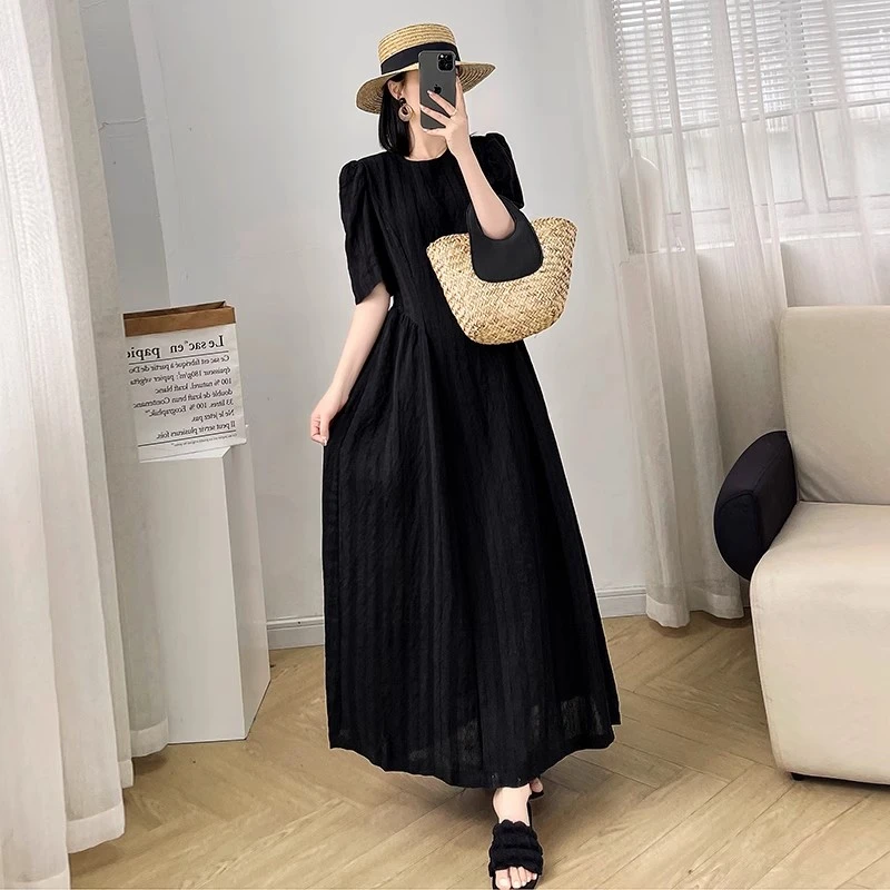大码法式黑色赫本连衣裙高级感气质长裙胖mm夏季巨显瘦肌理感裙子