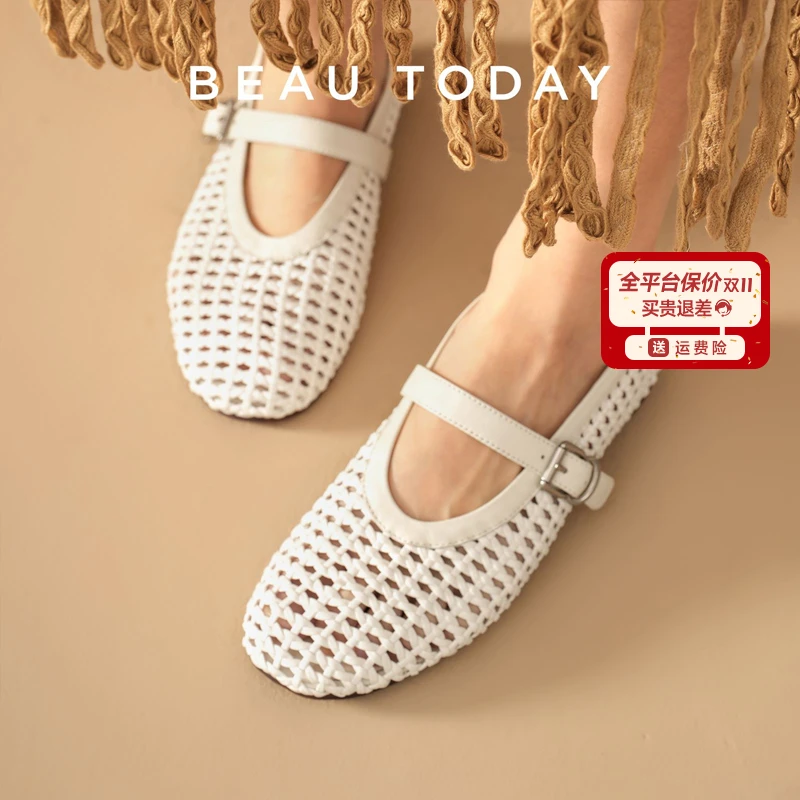 BeauToday【亲肤羊皮】时尚镂空编织玛丽珍女鞋今年2025新款玛丽珍
