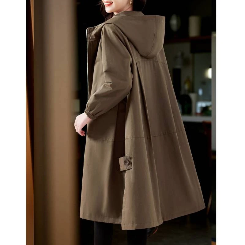 风衣女中长款2025春秋新款大码宽松洋气高个子休闲时尚连帽外套潮