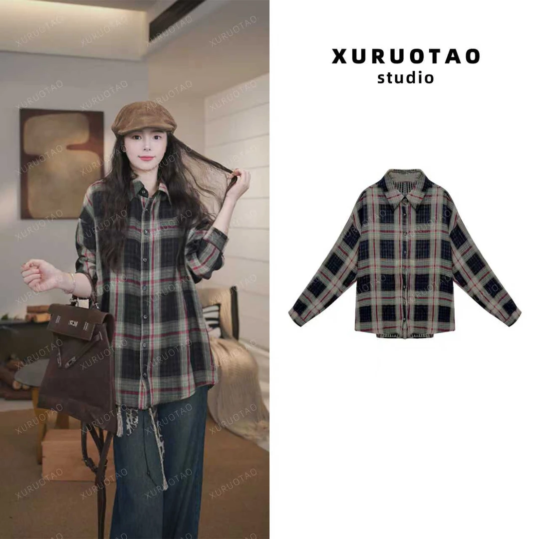 XURUOTAO【格纹美学】100棉格子设计百搭显瘦上衣衬衫 T5534