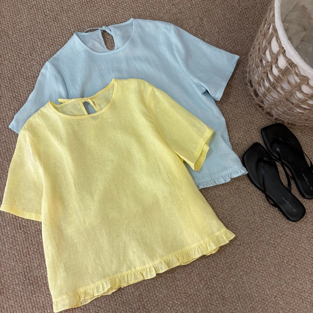 夏季圆领短袖衬衫女2025新款减龄显白亚麻系带半袖小衫潮休闲时尚