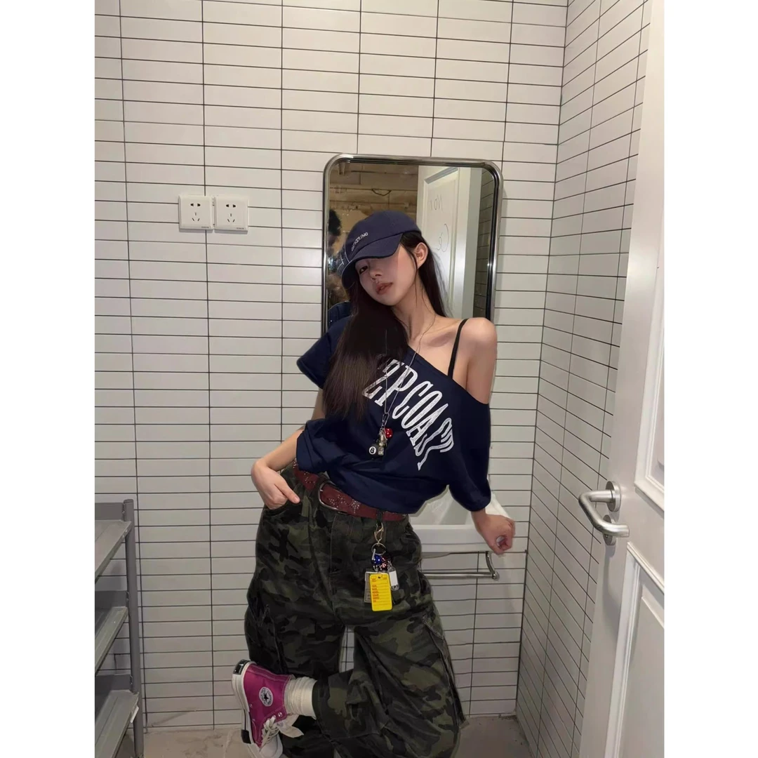 美式复古辣妹斜肩短袖t恤女夏季2025新款宽松慵懒风露肩别致上衣