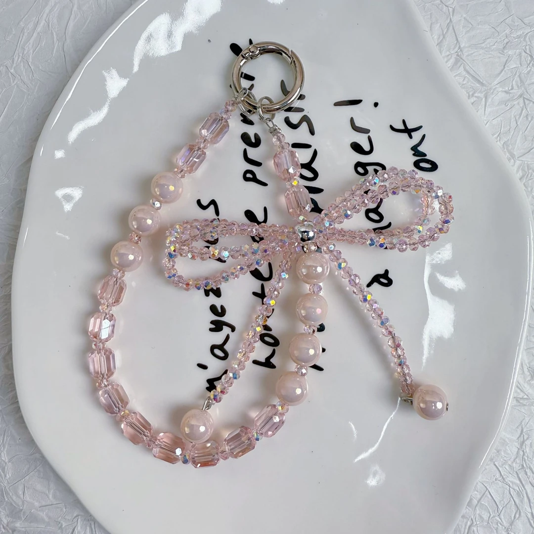 春季新款DIY手作A205-粉色晶晶蝴蝶结手机链