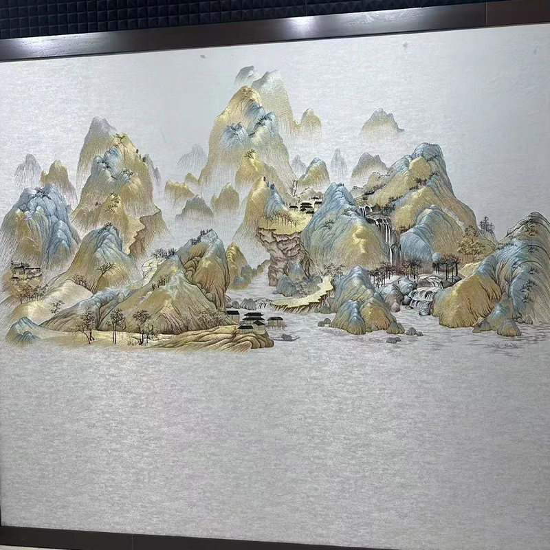 言绣独秀山水墙布独绣千里江山刺绣壁布中式客厅电视沙发背景新款