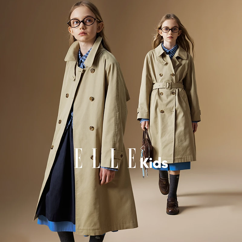 ELLE KIDS 双排扣英伦风衣女童秋季新款复古中长款可收腰外套Q5