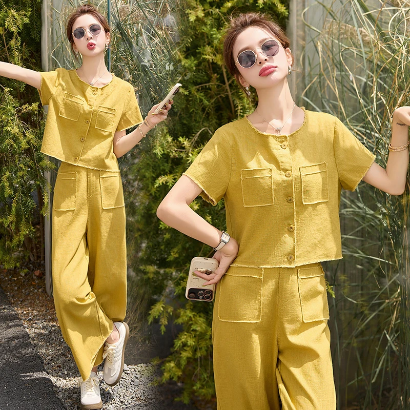 棉麻短袖时尚套装2025年夏季新款高级感薄款亚麻休闲阔腿裤两件套