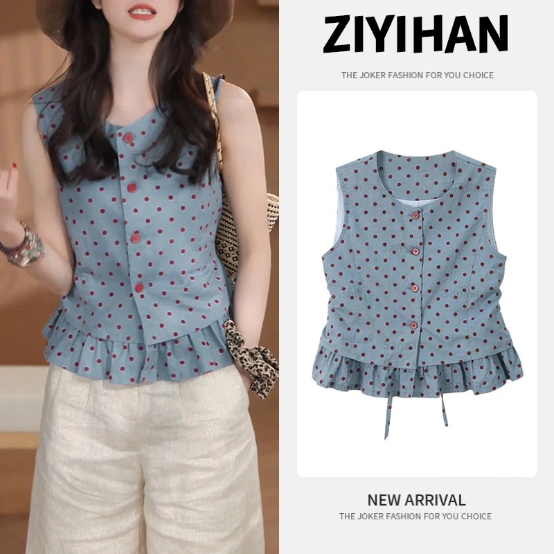 2025夏季新款波点无袖衬衫女士法式气质显瘦衬衣时尚洋气百搭上衣