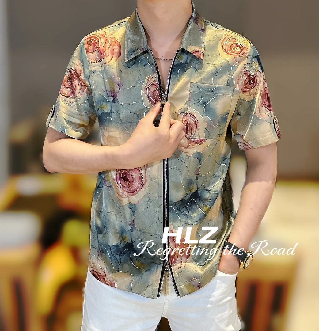 2025夏季新款修身男士轻奢百搭贡缎休闲牡丹花晕染双拉链短袖衬衫