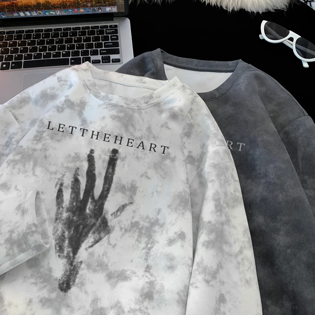 秋季新款扎染长袖t恤男款美式重磅圆领卫衣痞帅潮流潮牌打底长袖