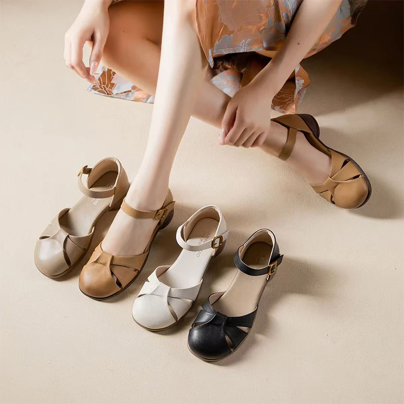 夏季真皮牛皮包头舒适方跟粗跟时尚休闲凉鞋50091百搭软底复古