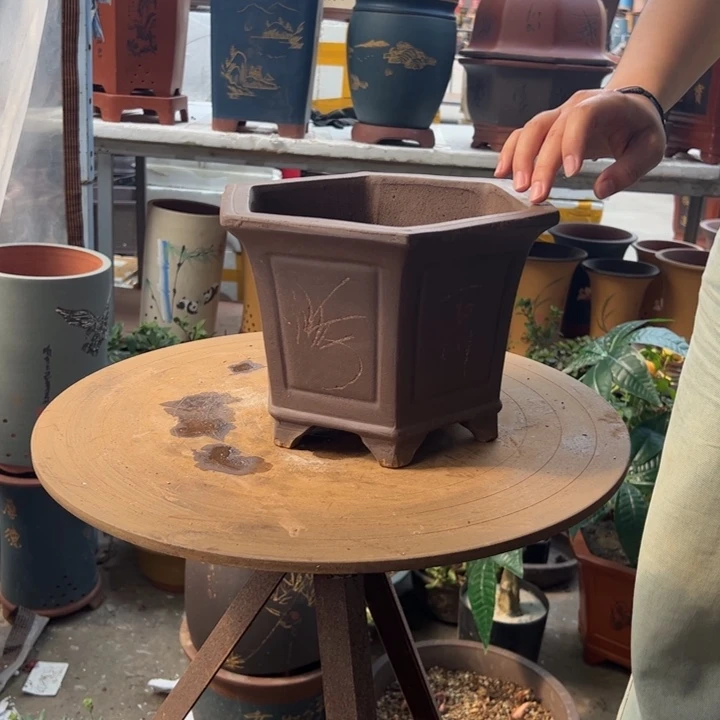 宜兴紫砂花盆花盆25刻绘六方