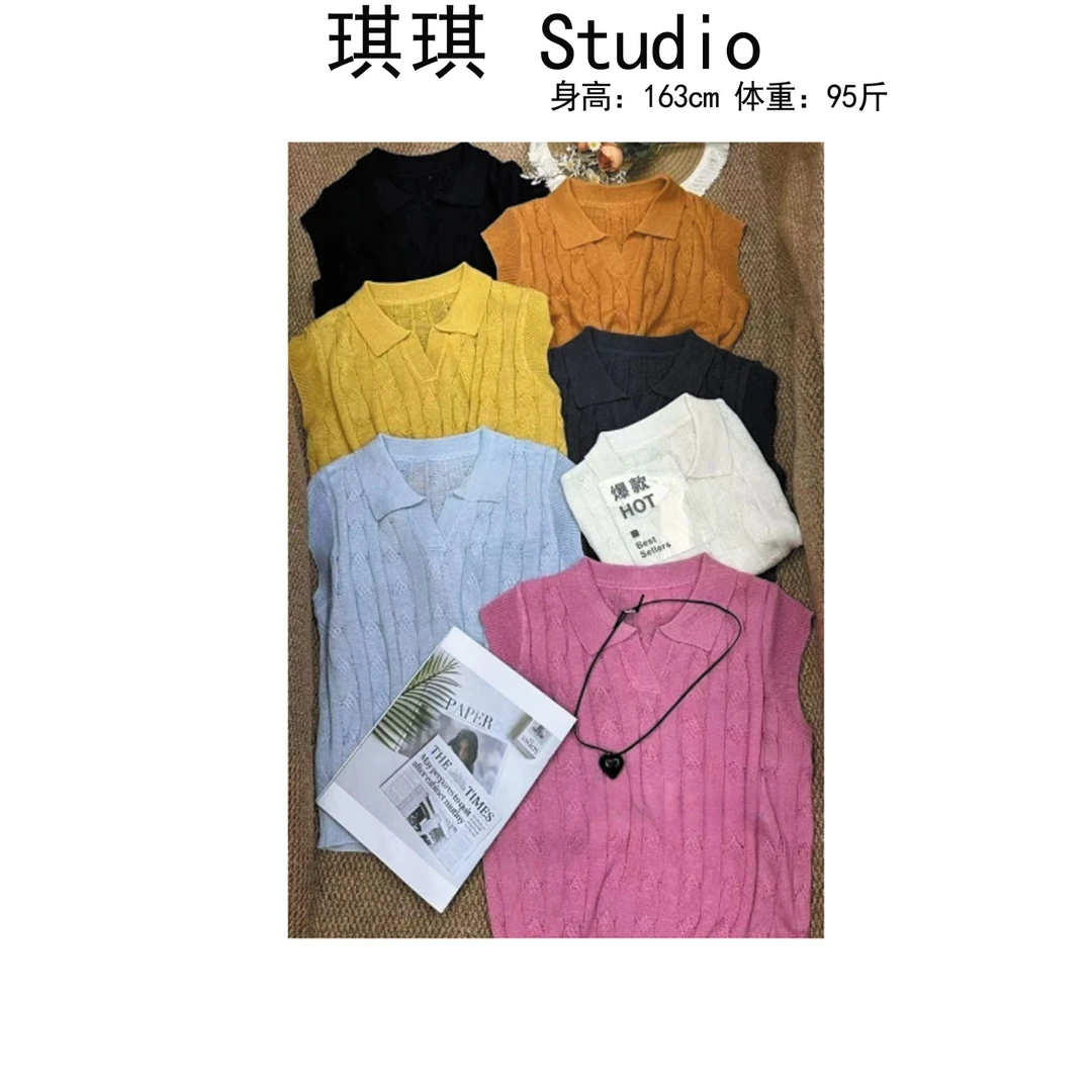 《琪琪家》夏季新款潮流气质时尚翻领竖纹显瘦减龄针织短袖720-S