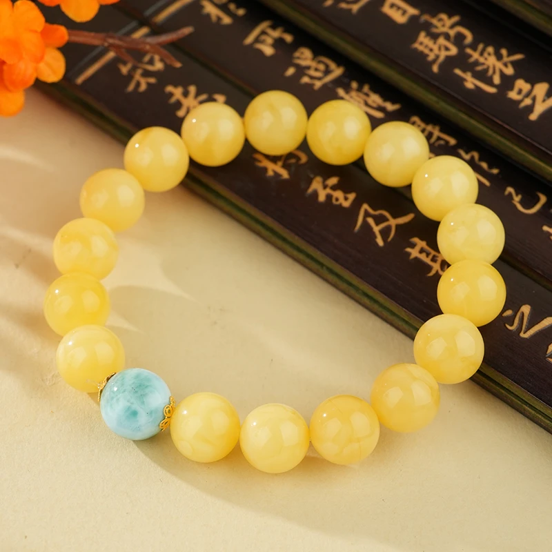 天然珠宝A02050琥珀白花蜡圆珠手串多样性发一