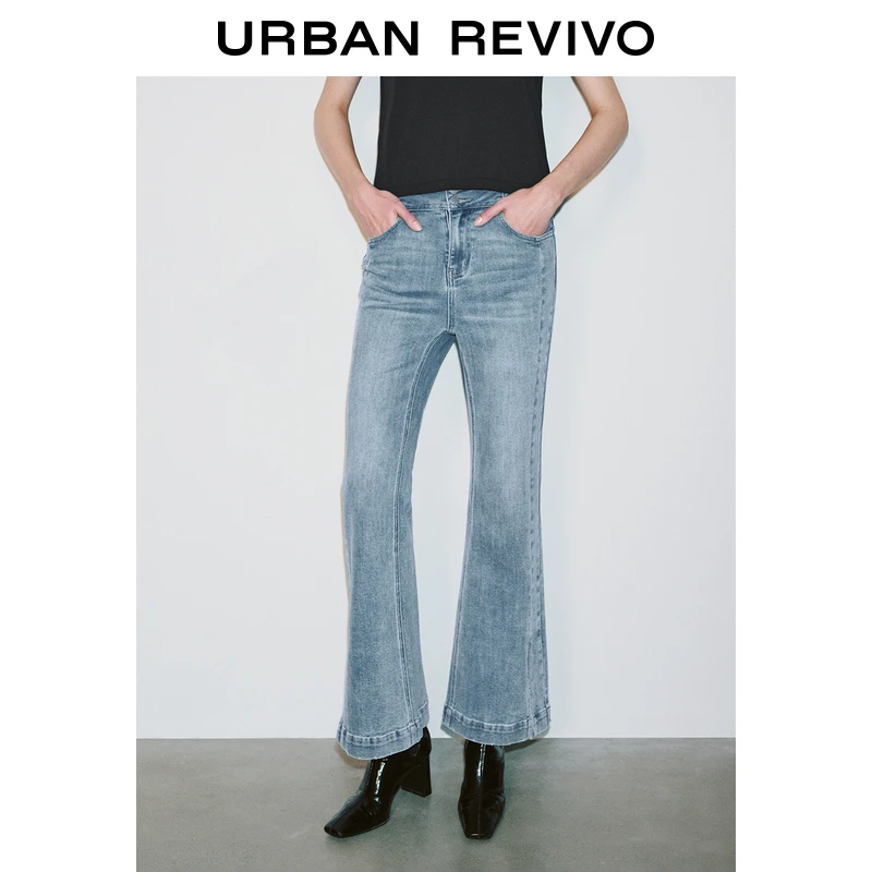 UR2025春季新款女装欧若风水洗猫须修身开衩牛仔长裤UWG850024