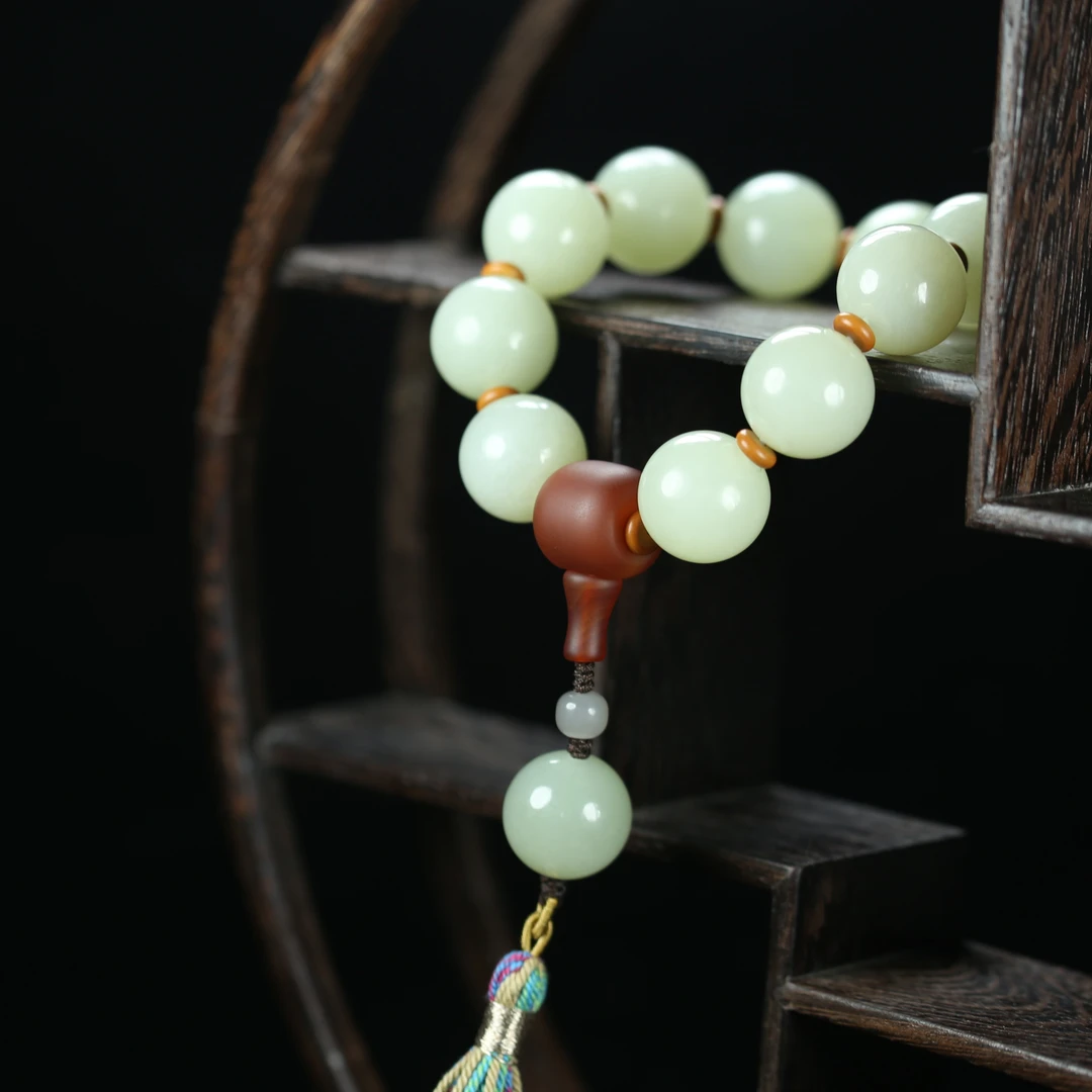 天然新疆和田玉圆珠手串路路通单圈手链玉石手持念珠