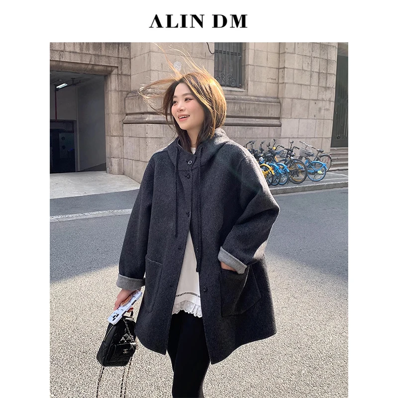 ALINDM【芬兰慕雪】大码微胖MM遮肉显瘦气质双面羊毛呢大衣-AS26130