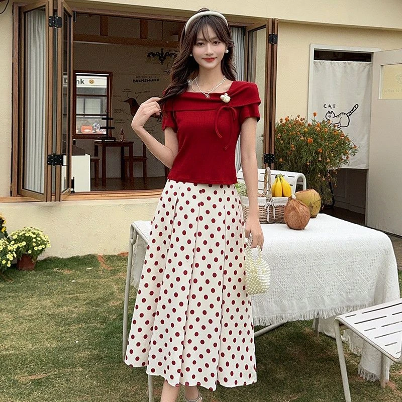 法式设计感短袖上衣波点印花半身裙套装女2025新款减龄穿搭两件套