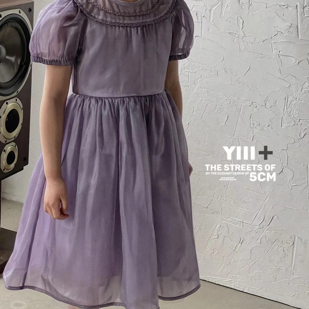 夏季甜美女长袖森系纯色连衣裙泡泡袖童装紫色