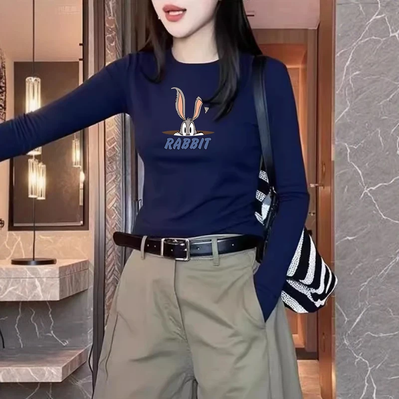 复古藏蓝正肩长袖t恤女2025秋季修身显瘦辣妹内搭棉质打底衫上衣