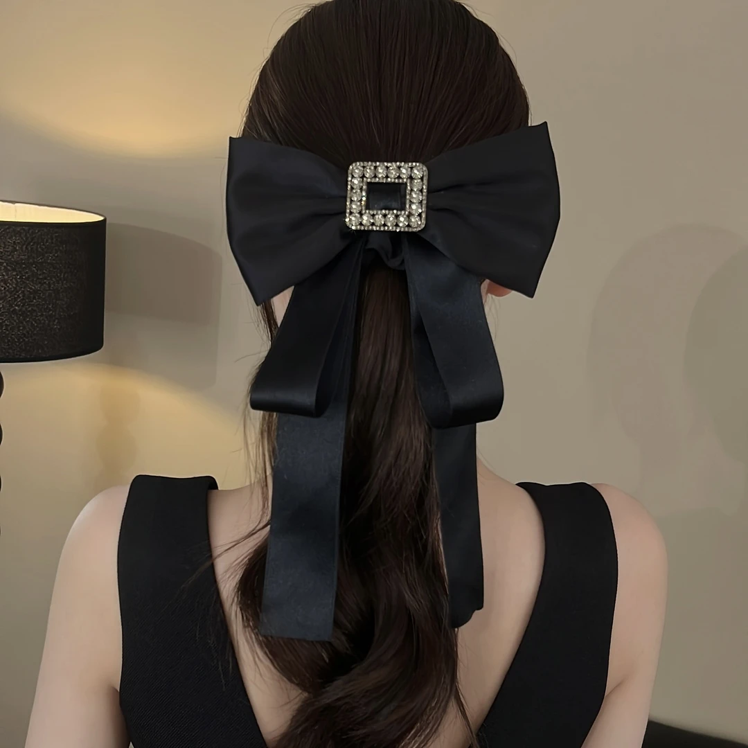 高级感黑色方闪钻蝴蝶结长飘带缎面发圈公主风发饰头饰