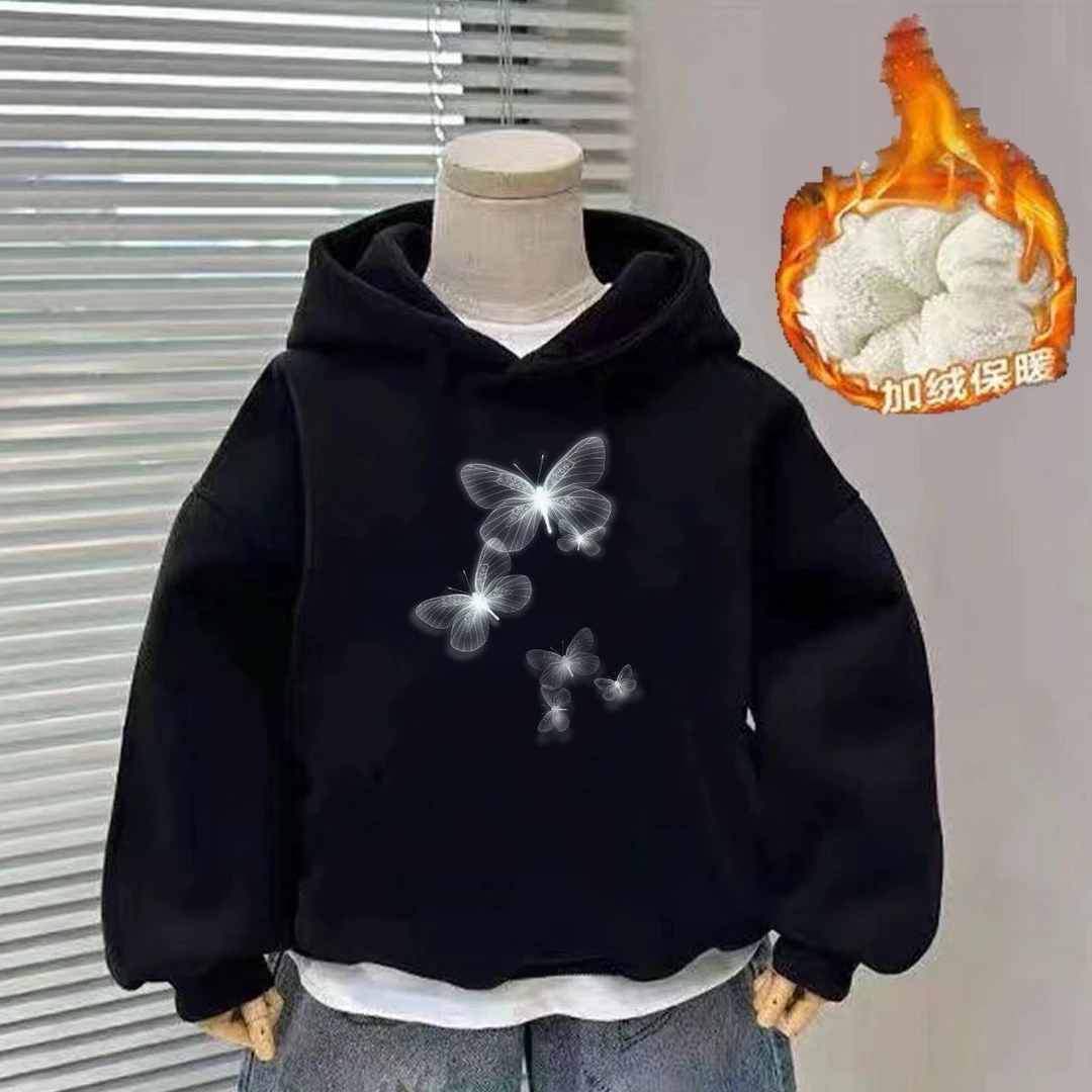 秋冬新款加绒加厚卫衣带帽女男童黑色卡通卫衣宽松学生上衣保暖