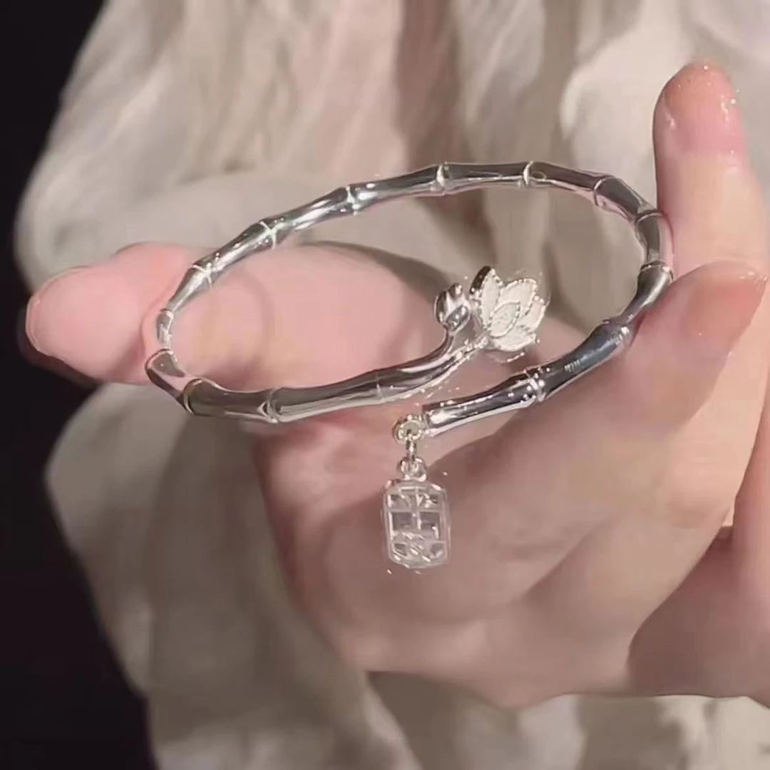 足银999竹节莲花纯银开口竹报平安小众手镯送母亲女友生日中秋礼
