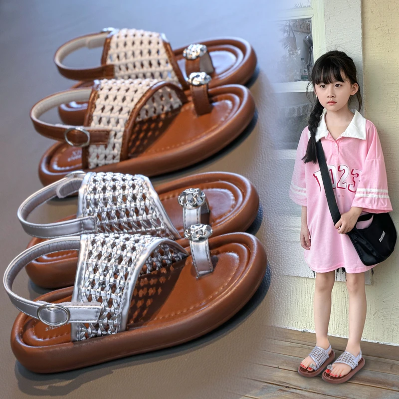 【六一】女童珍珠凉拖鞋平跟套趾百搭公主鞋夏季韩版小女孩编织拖鞋