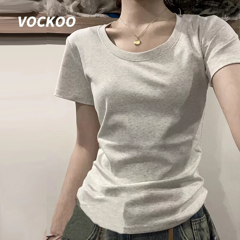 VOCKOO美式复古短袖正肩t恤女夏季显瘦修身辣妹短款紧身上衣设计