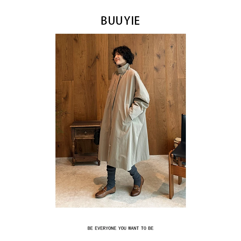 BUUYIE【郴迢】鹅绒服黑色过膝宽松羽绒服长款冬季新款 251172