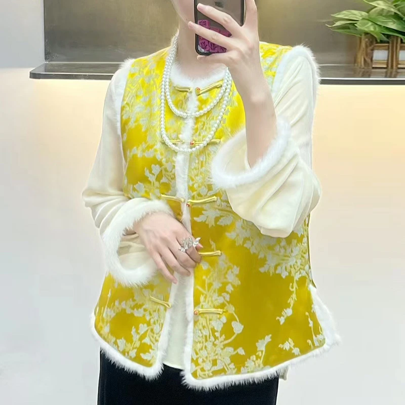 秋冬新款真丝冠乐绉提花水貂毛棉马甲新中式保暖百搭喜庆新年外套