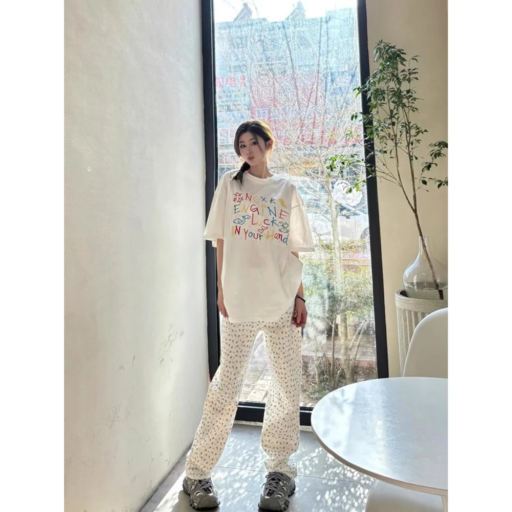 彩色字母印花白色t恤女夏季2025新款宽松设计感小众半袖