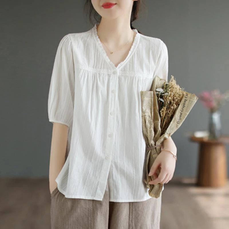 小众白色衬衫女2025新款夏季薄款棉麻宽松花边V领气质短袖衬衣