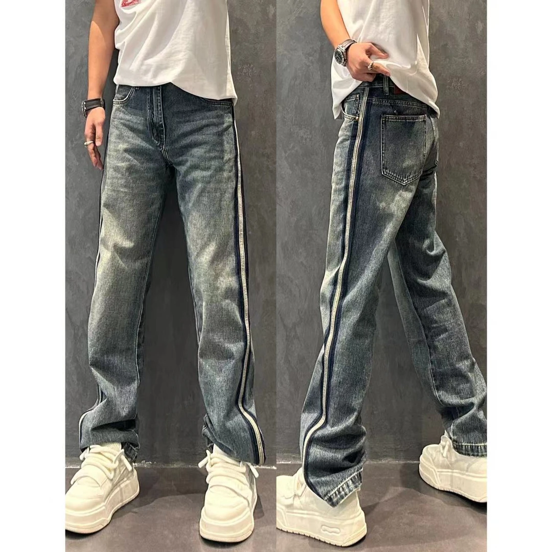 BOLANGNI·伯朗尼｜简约美式牛仔设计师款侧织带高街男直筒裤9929