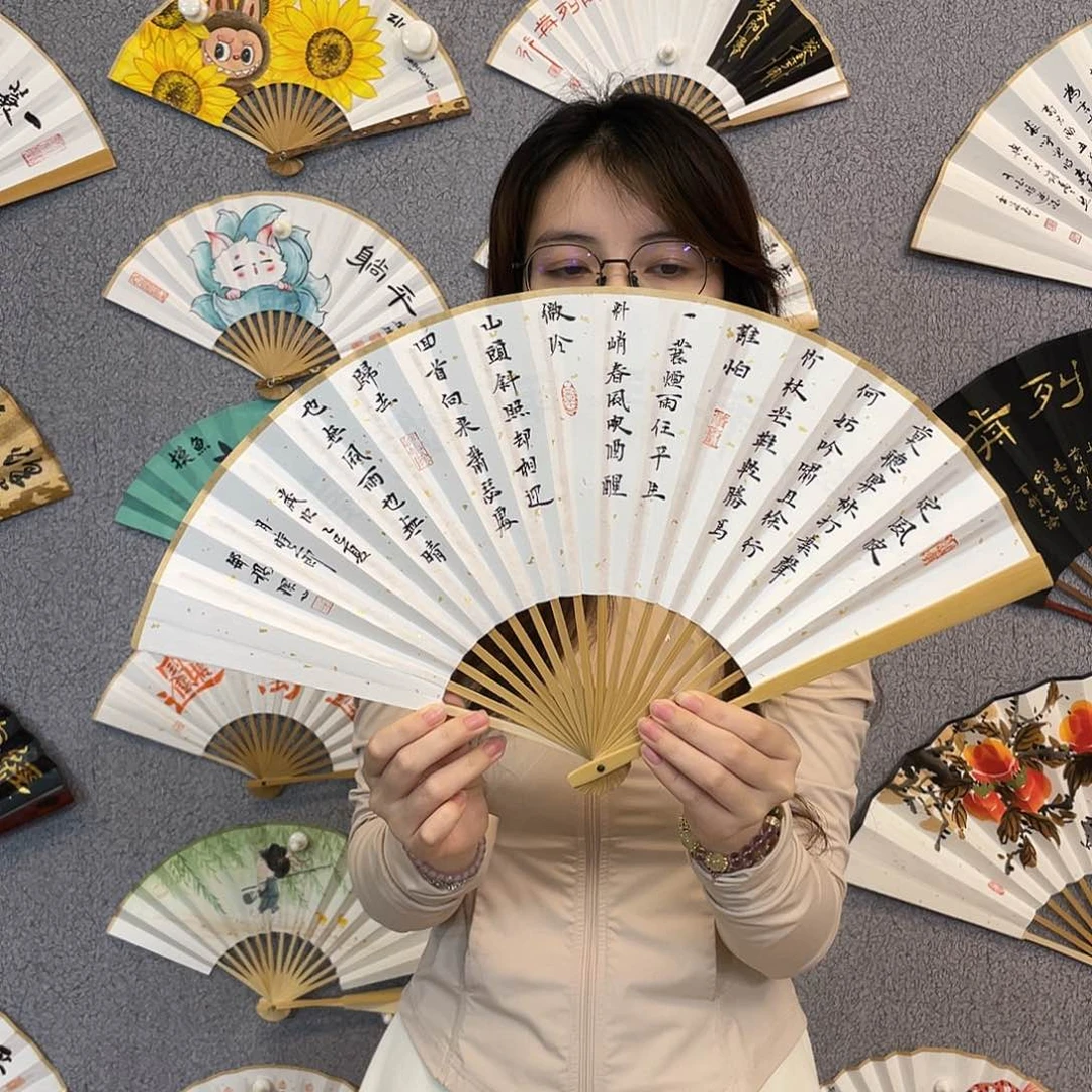 书法8寸玉竹-纯手绘-文玩扇骨（默认粘好）