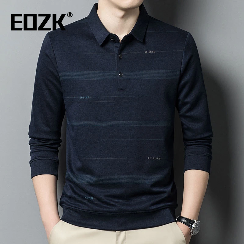 Eozk轻商务休闲长袖T恤男2025秋季新款翻领条纹舒适爸爸装polo衫