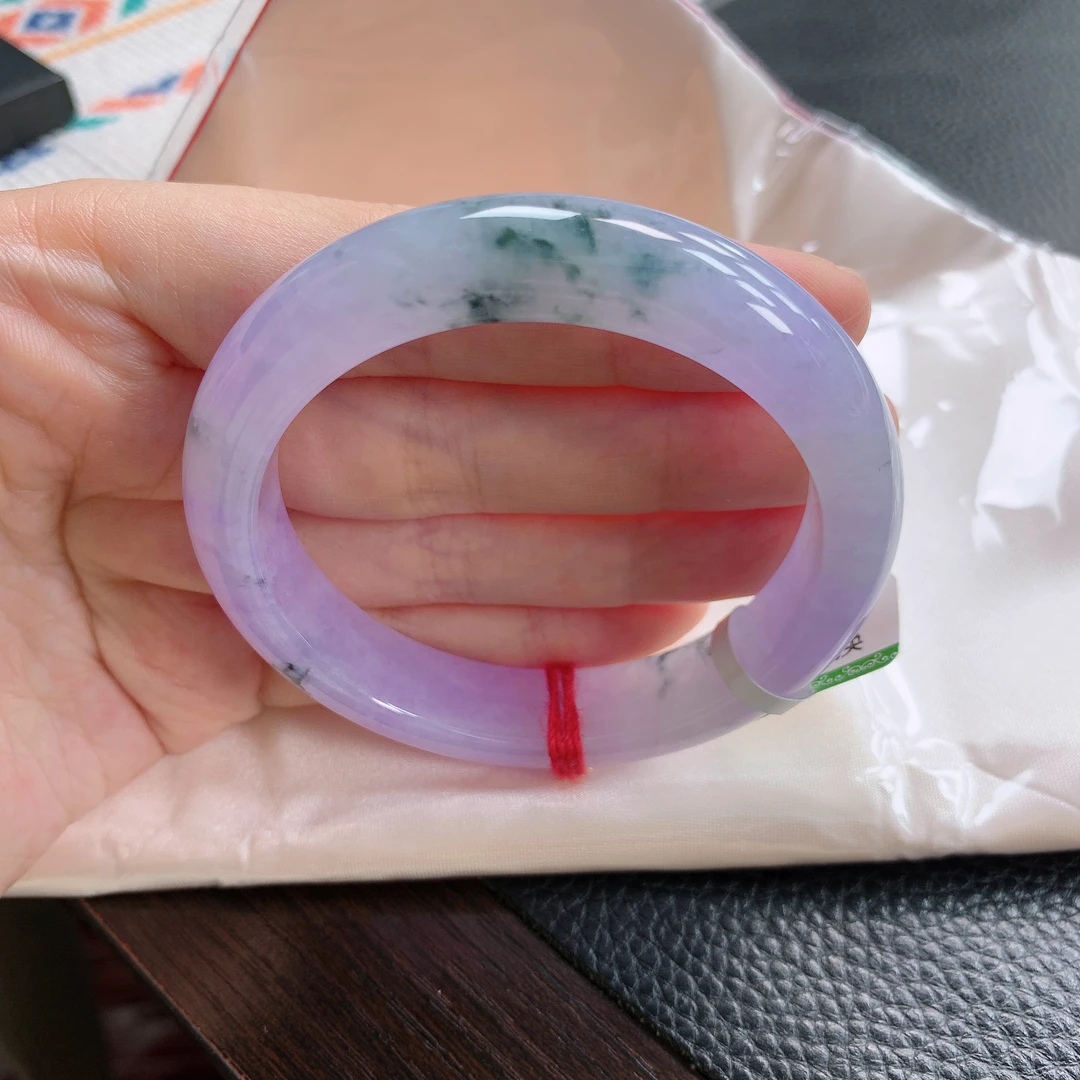 天然缅甸A货纯天然翡翠 正品时尚冰糯种冰粉紫飘花56圈宽边手镯