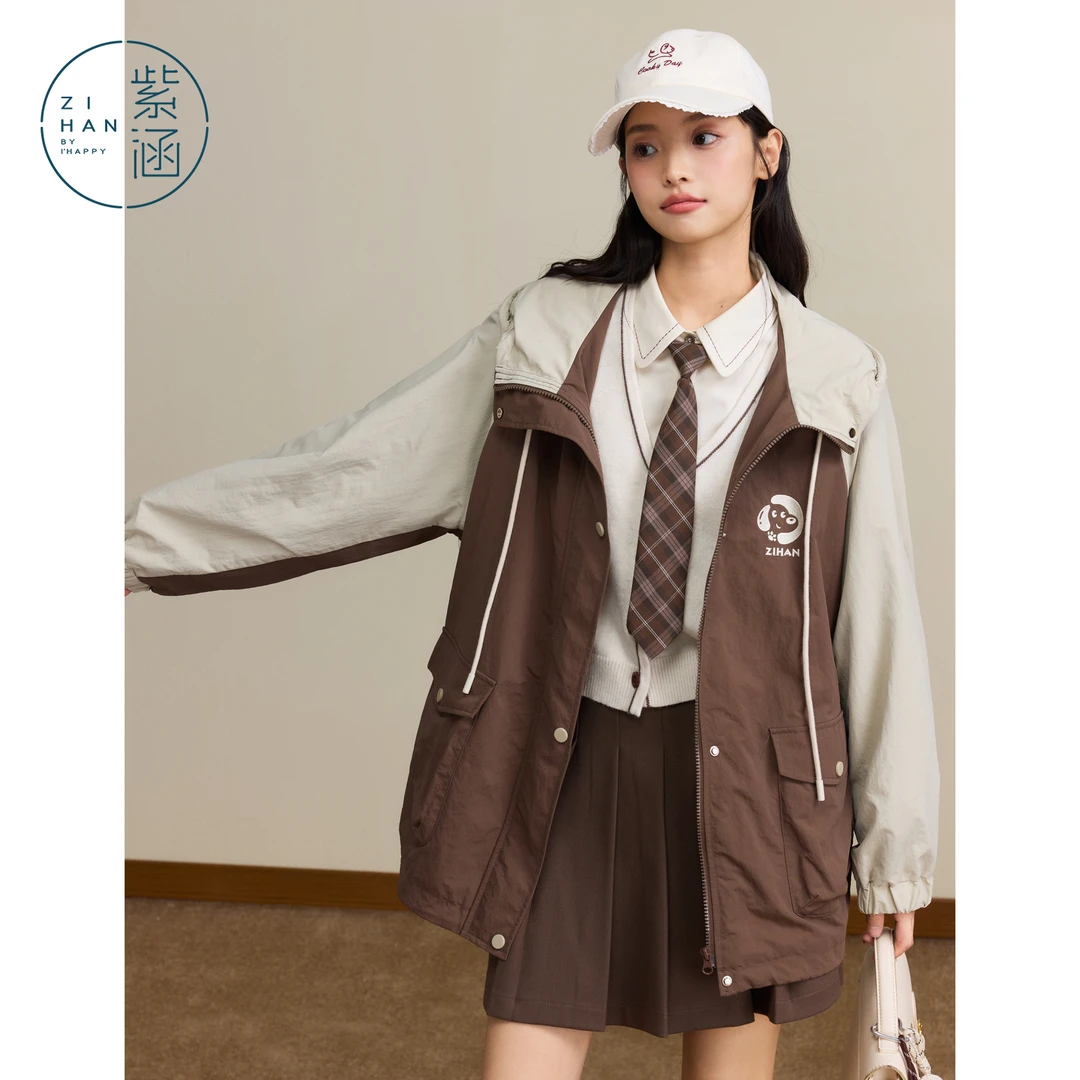 紫涵连帽撞色工装外套女2025秋季新款甜美学院风上衣Z5Z08AS320