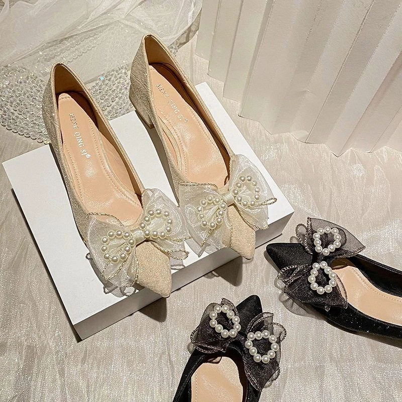 晚晚风四季珍珠蝴蝶结单鞋女2025新款浅口仙女鞋粗跟小码女鞋32