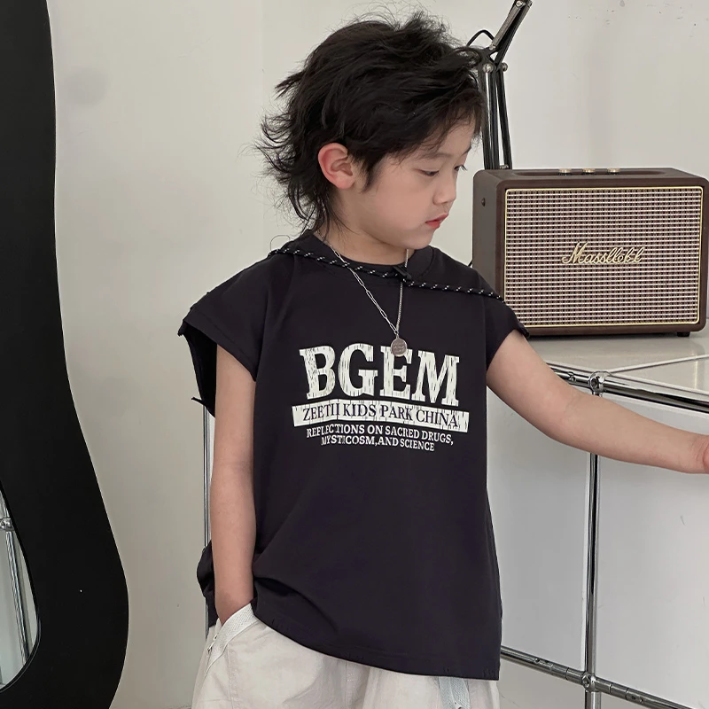 243051儿童百搭洋气宽松时尚印花休闲无袖T恤