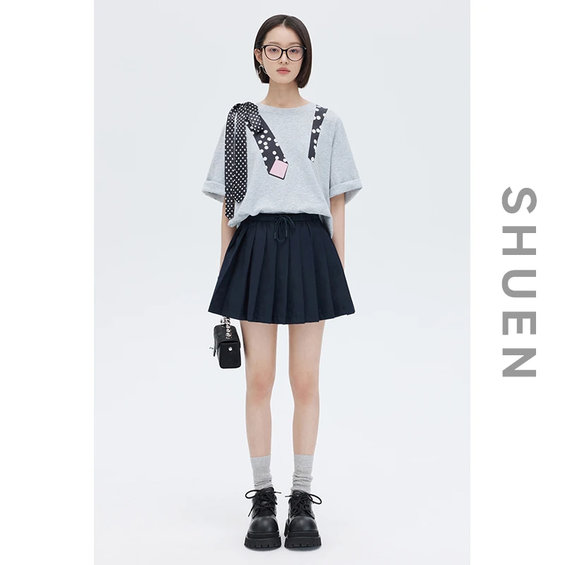 束恩有内衬防走光高腰抽绳短裙2025夏藏蓝色松紧腰a字百褶半身裙