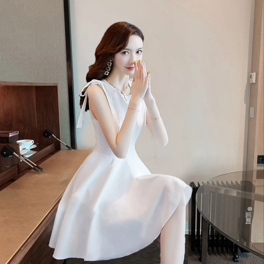 2025新款夏季白色小个子仙女裙超仙露肩收腰礼服中长款连衣裙