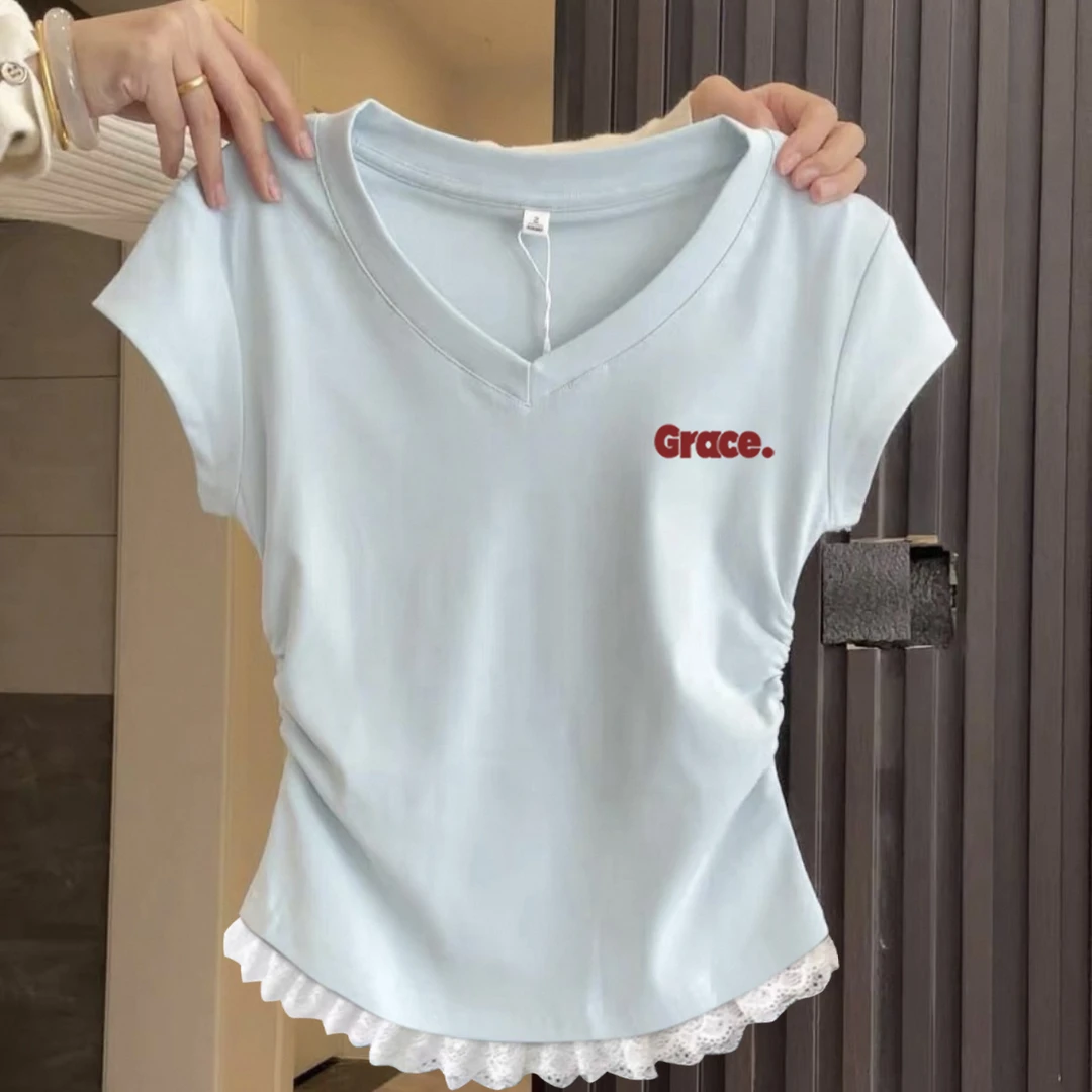 韩系甜美蕾丝花边修身款打底衫2025夏季新款流行V领显瘦短袖T恤女