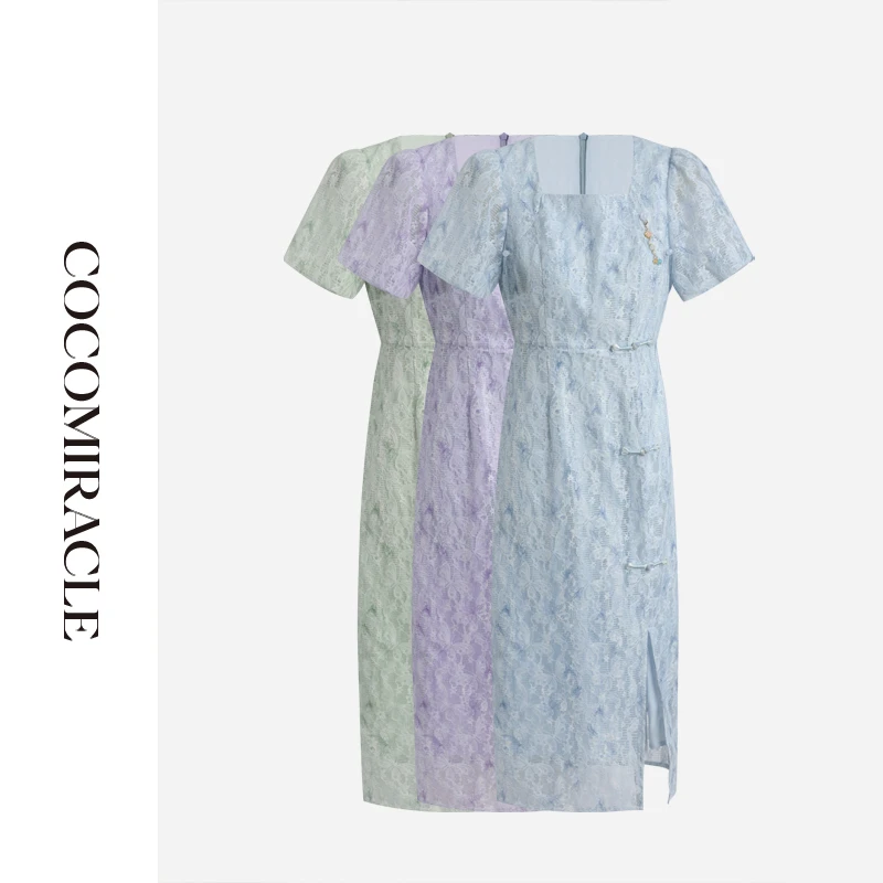 董小姐【烟雨江南】新款方领盘扣侧开叉连衣裙Q53LYQ575