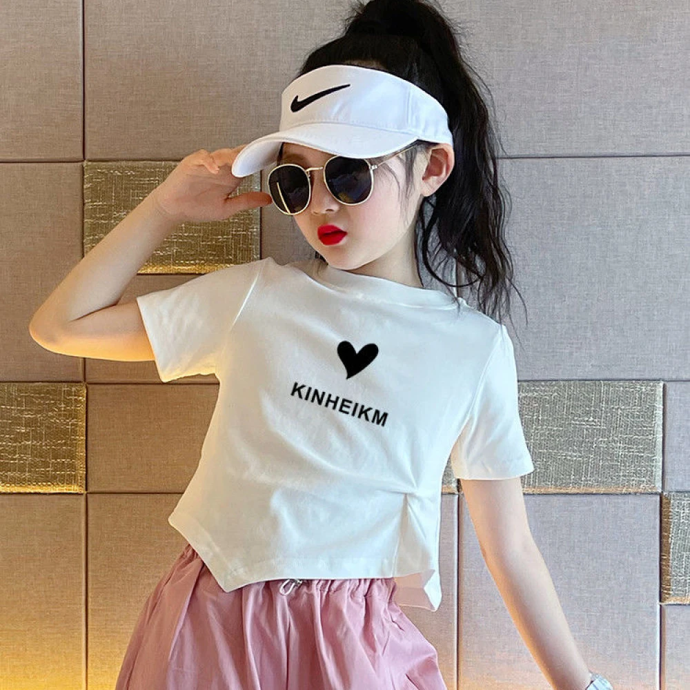 女童夏装休闲洋气白色短袖t恤夏季新款儿童女孩卡通修身短款上衣
