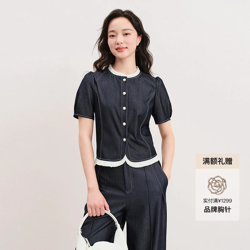 【南法夏日】拼接木耳边时髦单品|甜酷泡泡袖|圆弧下摆遮肚子短外套