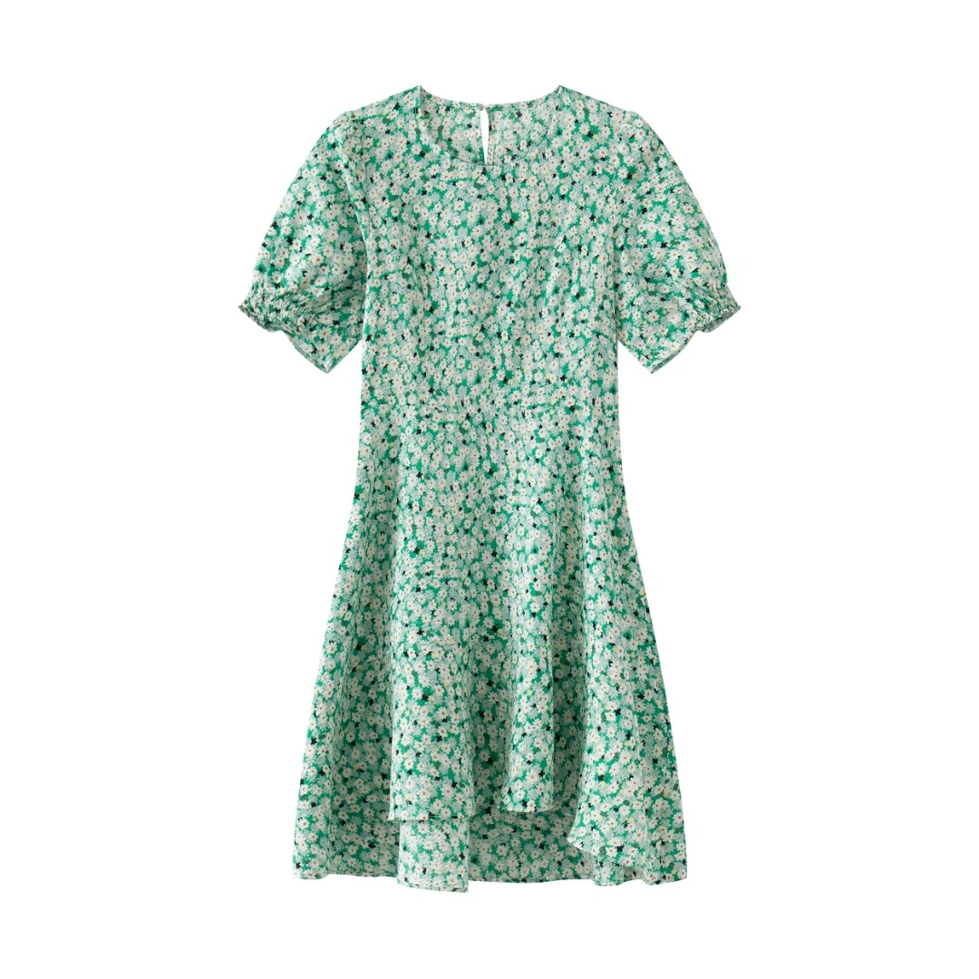 【B50382】夏季法式小碎花印花泡泡袖宽松遮肉连衣裙