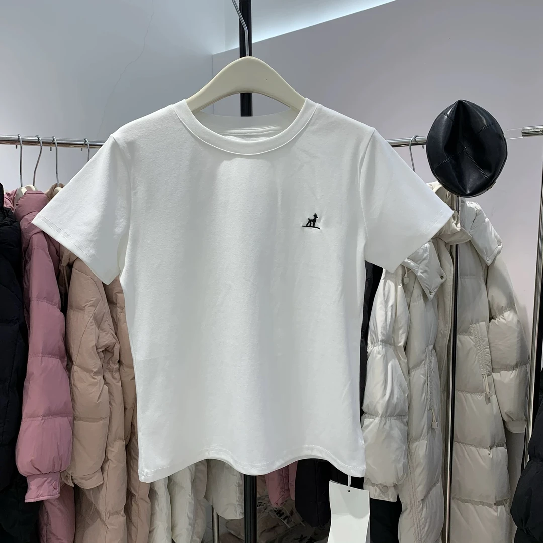 2025春夏简约休闲百搭白色短袖T恤女圆领显瘦打底刺绣小鹿上衣