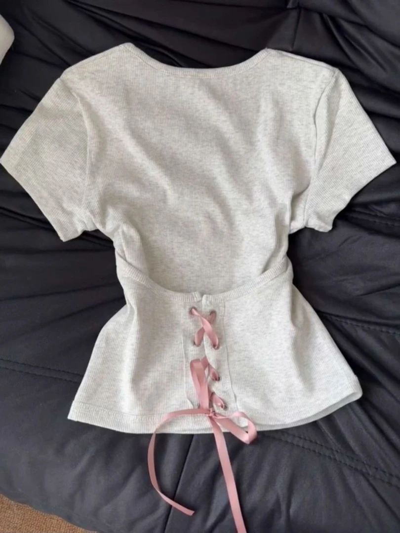 蝴蝶结短袖T恤女2025夏季新款显瘦字母刺绣辣妹修身设计短款上衣